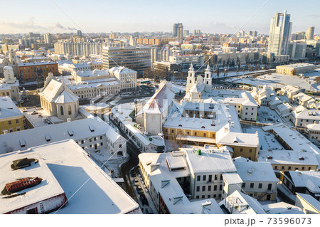 Snow-covered city center of Minsk from a height. The upper city. Belarus 73596073
