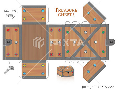 Treasure chest box paper model. Cut out, fold and glue it. Template with gemstones and lid that can be opened. Wooden textured box for precious objects, luxury, belongings or little things. 73597727