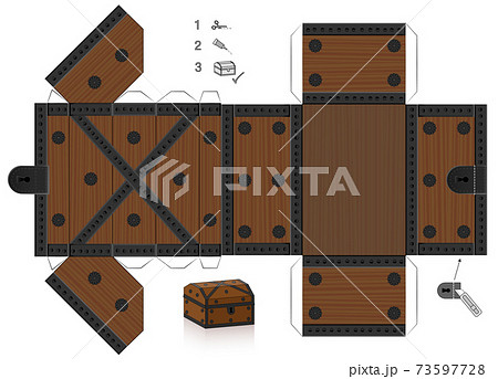 Treasure chest template. Cut out, fold and glue it. Paper model with lid that can be opened. Wooden textured box for precious objects, luxury, belongings or little things. 73597728