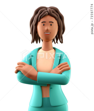 3D illustration of beautiful african american woman with arms crossed. Close up portrait of cartoon smiling elegant businesswoman 73597774