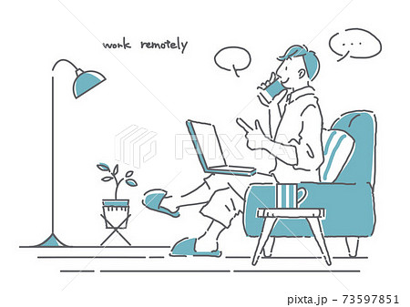 スマホで話しながら自宅でテレワークする男性のおしゃれでシンプルな線画イラスト ブルーのイラスト素材