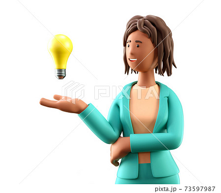 3D illustration of creative african american woman looking at the bulb over hand. Businesswoman generating ideas 73597987