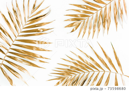 Gold tropical palm leaves on white background. Flat lay, top view minimal concept. 73598680