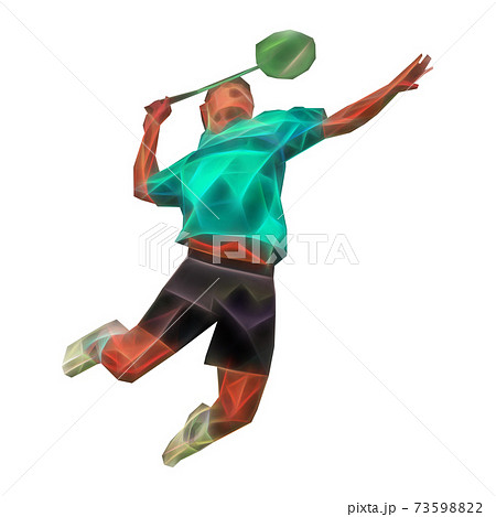 Polygonal professional badminton player on colorful low poly background doing smash shot isolated on white background Polygonal professional badminton player on colorful low poly background doing smash shot isolated on white background 73598822