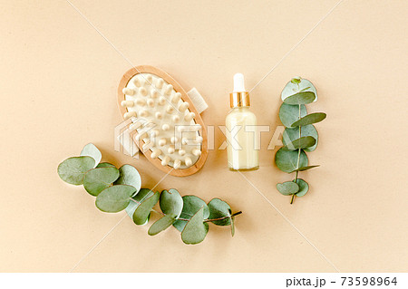Spa treatment concept. Natural, Organic spa cosmetics products with eucalyptus oil, sea salt, massage brush, eucalyptus leaf extract. Spa background Spa treatment concept. Natural, Organic spa cosmetics products with eucalyptus oil, sea salt, massage brush, eucalyptus leaf extract. Spa background 73598964