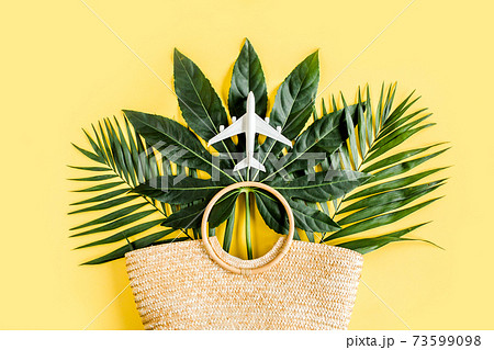 Bag go to zero waste on the background of tropical leaves. Eco shopping bag from rattan on yellow background. No plastic bag.  73599098