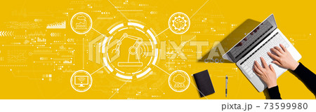 Smart industry concept with person working with laptop Smart industry concept with person working with laptop 73599980