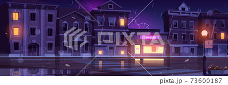 Storm with rain and lightning in city at night Storm with rain and lightning in city at night 73600187