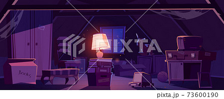 House attic at night with old furniture and lamp House attic at night with old furniture and lamp 73600190