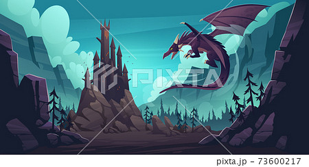 Mountain landscape with castle and dragon Mountain landscape with castle and dragon 73600217