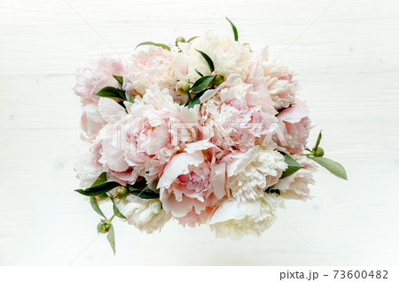 Bouquet of a lot of peonies of pink color close up. Flat lay, top view. Peony flower texture. 73600482