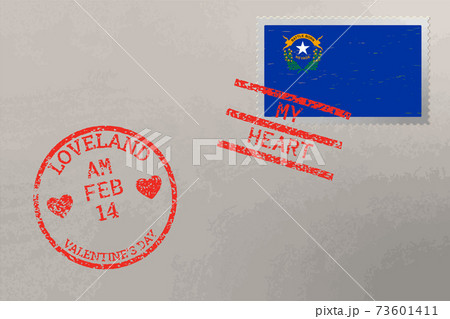 Postage stamp envelope with Nevada US flag and Valentine s Day stamps, vector 73601411