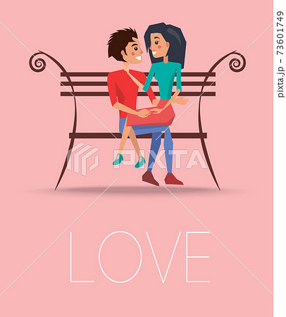 Love Poster with Happy Couple Sitting on Bench 73601749