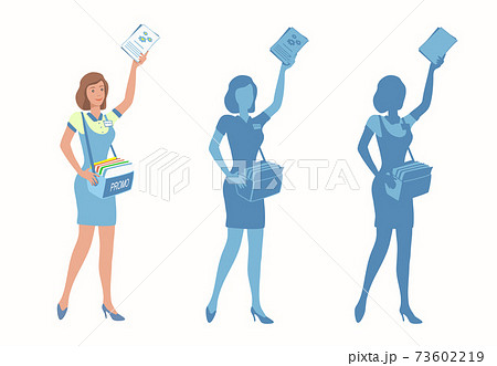 Young woman with promotional materials in hand. 73602219