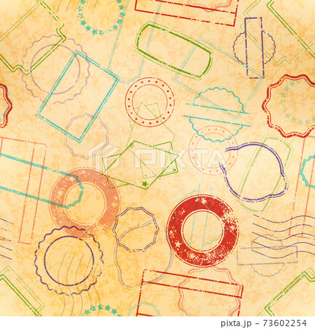 Lot of retro post and border stamps, grunge postmarks in old style, seamless pattern on old yellow textured paper 73602254