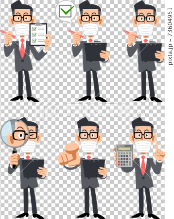 チェックリストや虫眼鏡を持つマスクを着用しメガネをかけたビジネスマンのイラストセットのイラスト素材