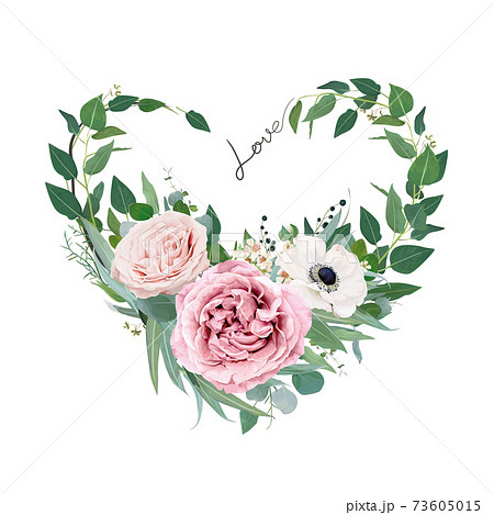 Vector art floral heart shape watercolor bouquet illustration. Mauve peach pink garden roses, anemone flower, tender creamy wax flower, eucalyptus greenery, leaves, sage green herbs and lovely berries 73605015
