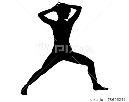 両手を頭の後ろにしてストレッチする女性シルエットのイラスト素材