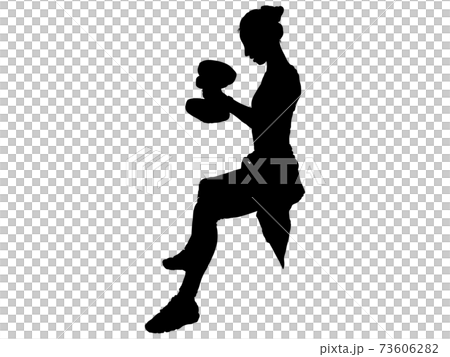 座ってダンベルを持つ女性シルエット3のイラスト素材