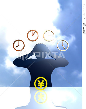 お金の問題に頭を抱えて時間で悩む男性のシルエット縦のイラスト素材