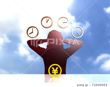 お金の問題に頭を抱えて時間で悩む女性のシルエット横 73606669