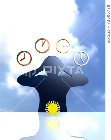 コロナ禍に頭を抱えて時間に悩む男性のシルエット縦のイラスト素材