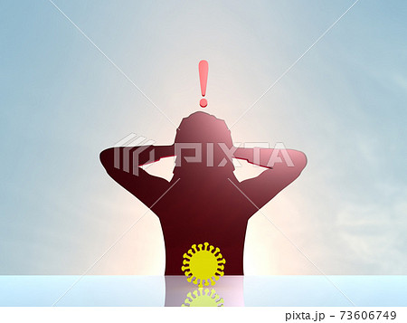 コロナ禍に頭を抱えて驚く女性のシルエット横のイラスト素材