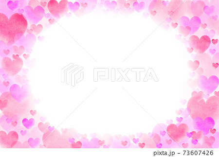 バレンタインイメージ素材 大中小の赤と桃色水彩ハートで作られた楕円フレーム横 枠内白 他色有りのイラスト素材