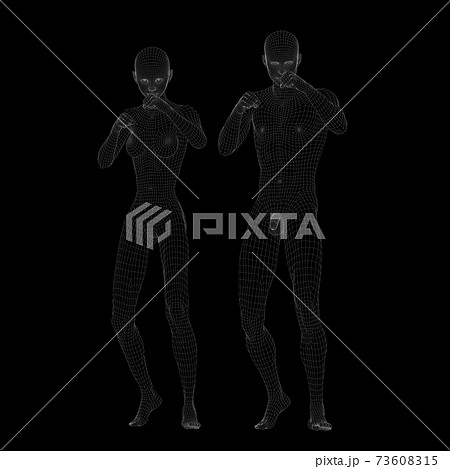 ワイヤーフレーム　男女　ヌード　比較　perming3DCGイラスト素材 73608315