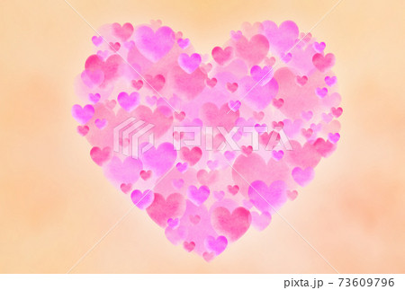 バレンタインイメージ水彩素材 大中小の赤&桃色ハートで形作られたハート 横 背景はオレンジ 他色有り バレンタインイメージ水彩素材 大中小の赤&桃色ハートで形作られたハート 横 背景はオレンジ 他色有り 73609796