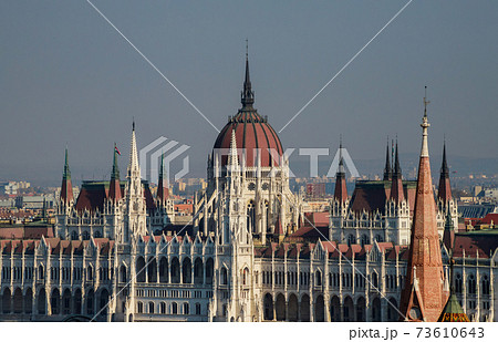View of the tower Hungarian parliament rooftops of the historic Old Town of Budapest Hungary from a height. 73610643
