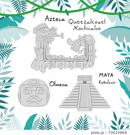 メソアメリカの遺跡とジャングルのイラスト素材
