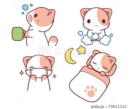 猫さんの病気予防セット うがい 手洗い マスク 睡眠のイラスト素材