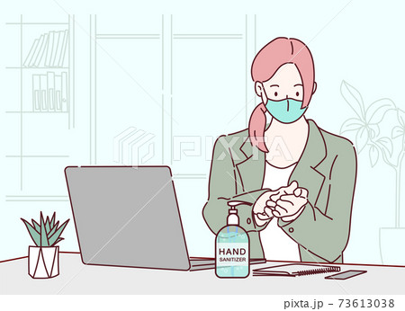 Business woman wearing face mask in the office and use the disinfectant hand gel because of Covid-19 and corona virus. Hand drawn in thin line style, vector illustrations.(A Mask can be removable) 73613038
