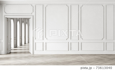 Classic white empty interior with wall panels, open door and wooden floor. 73613040