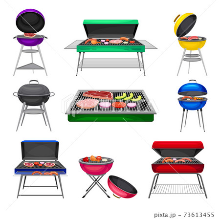 Barbecue Grill with Charcoal Kettle and Square Grill with Food Cooking on It Vector Set Barbecue Grill with Charcoal Kettle and Square Grill with Food Cooking on It Vector Set 73613455