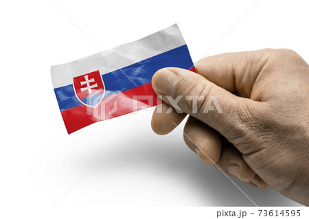 Hand holding a card with a national flag the Slovakia 73614595