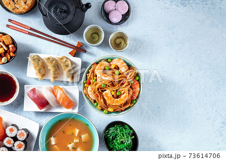Japanese food variety flat lay with a place for text. Various dishes of Japan Japanese food variety flat lay with a place for text. Various dishes of Japan 73614706