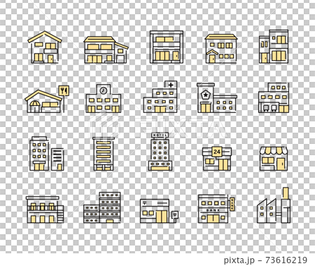 色々な建物 施設のアイコンセット ビル 家 イラスト 住宅 マンション ホテル お店 学校 病院のイラスト素材