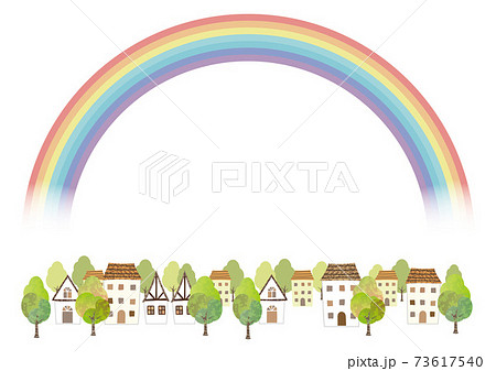 テキストスペース付き 虹と街並みの背景のイラスト素材