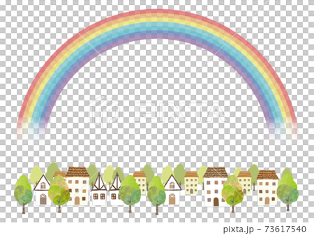 テキストスペース付き　虹と街並みの背景 73617540