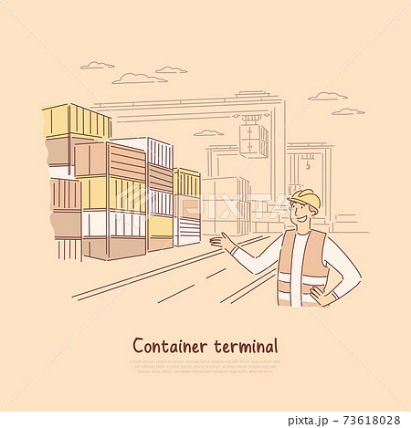 Dock worker at work, male engineer monitoring metal containers shipment, merchandise, goods import, export banner 73618028