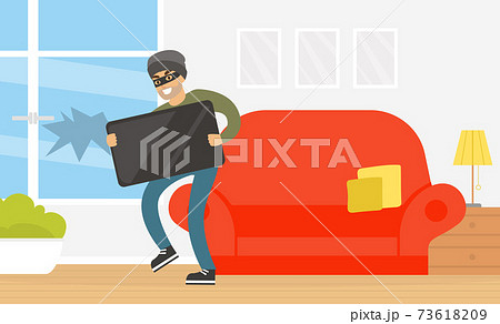 Male Thief Stealing Television from House, Burglar Committing Robbery, Criminal Scene Flat Vector Illustration Male Thief Stealing Television from House, Burglar Committing Robbery, Criminal Scene Flat Vector Illustration 73618209
