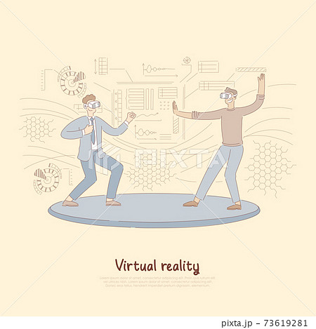 Smiling corporate workers in vr headsets, lounge zone, businessmen in futuristic glasses, virtual reality banner 73619281