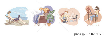 Men and women working with computer, people using laptop for work and internet surfing, social media leisure, freelancers set 73619376