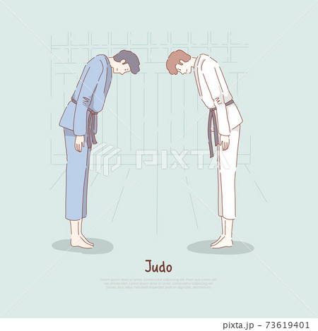 Judo school, fighters bow down, sparring start or end, self defence classes, oriental martial arts, karate dojo banner Judo school, fighters bow down, sparring start or end, self defence classes, oriental martial arts, karate dojo banner 73619401