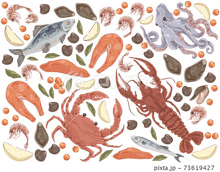 Raw fish, salmon fillet, octopus, mussels, gourmet dinner, lobster, crab, shrimps, lemon pieces, delicious seafood set 73619427