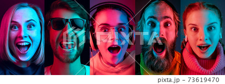 Collage of portraits of young emotional people on multicolored background in neon. Concept of human emotions, facial expression, sales. Collage of portraits of young emotional people on multicolored background in neon. Concept of human emotions, facial expression, sales. 73619470
