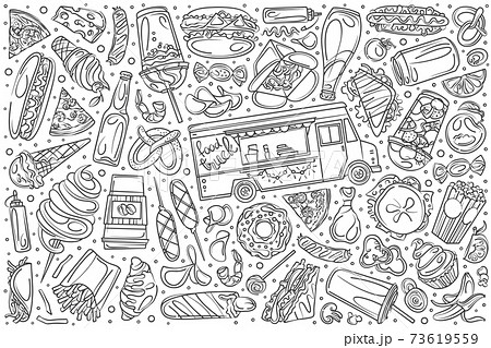 Hand drawn food truck set doodle vector background 73619559