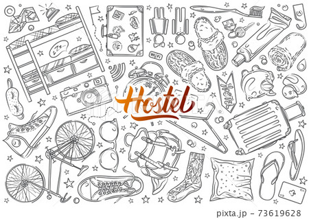 Hand drawn hostel set doodle vector background Hand drawn hostel set doodle vector background 73619628